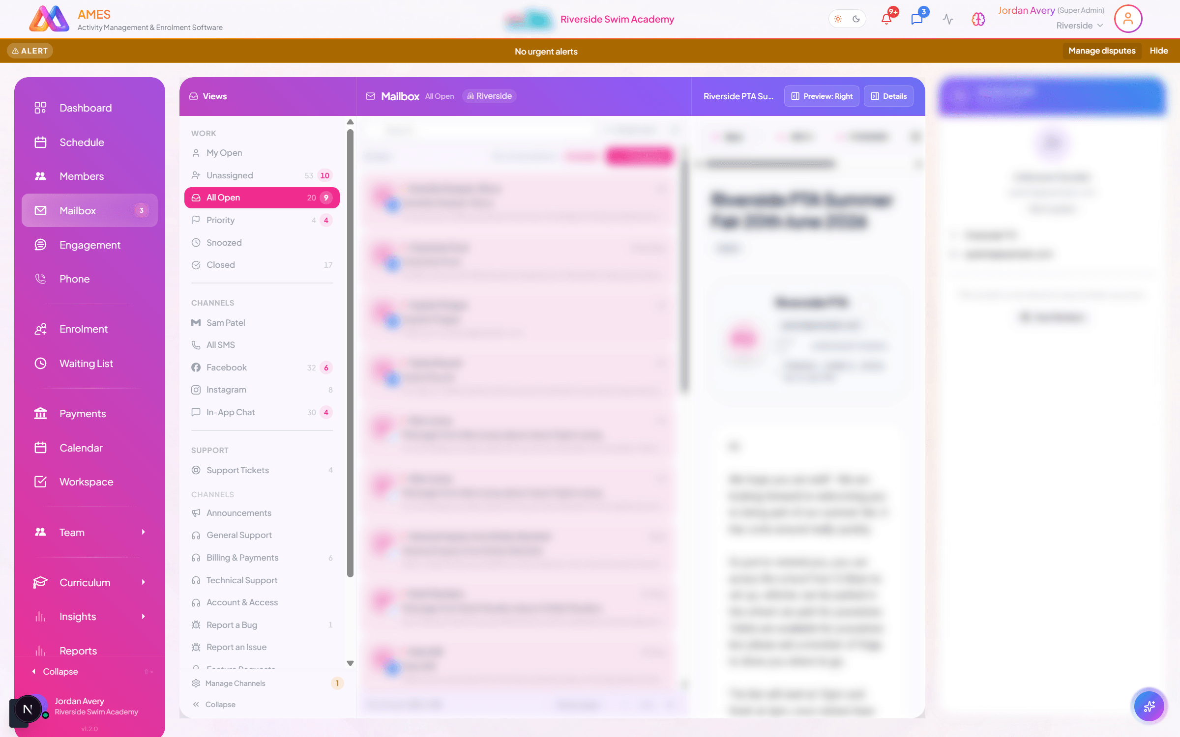 AMES communication hub — unified inbox with SMS and email